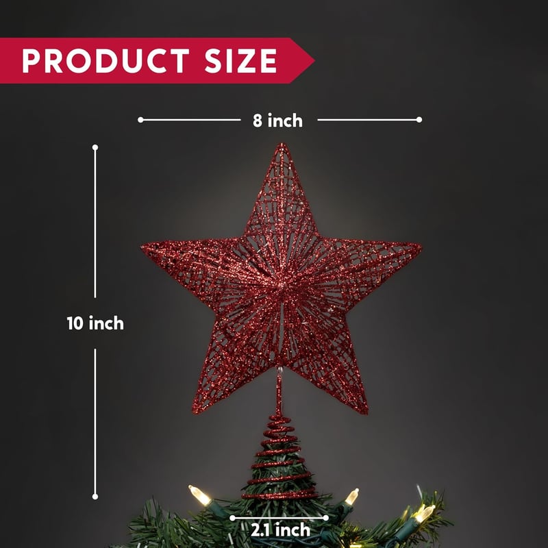 Joiedomi Karácsonyfacsúcs - Piros Csillag 20 Meleg Fehér LED Világítással, Elemes, Csillámló Fém-Műanyag Dekoráció Karácsonyfára, 23,5 cm
