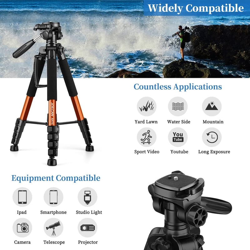 JOILCAN 187 cm alumínium kameraállvány levehető fejjel mobiltelefon tartóval Canon Nikon DSLR-hez okostelefonhoz táskával narancsszínben