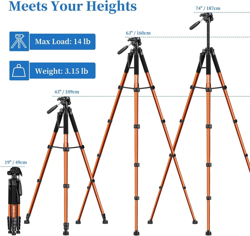 JOILCAN 187 cm alumínium kameraállvány levehető fejjel mobiltelefon tartóval Canon Nikon DSLR-hez okostelefonhoz táskával narancsszínben