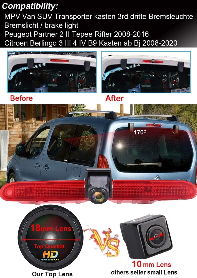 jojono HD Tolatókamera Féklámpa Funkcióval - Állítható Látószögű, Toyota Proace, Citroen Berlingo, Opel Combo, Peugeot Partner Kompatibilis