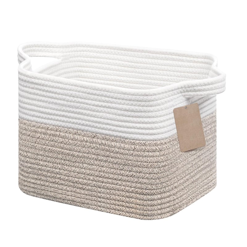 JOJOSEE Pletený bavlnený úložný košík na policu, biely a hnedý, 33x25x22,5 cm, organizér na hračky, knihy, topánky, do kúpeľne a detskej izby