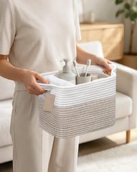 JOJOSEE Pletený bavlnený úložný košík na policu, biely a hnedý, 33x25x22,5 cm, organizér na hračky, knihy, topánky, do kúpeľne a detskej izby 3