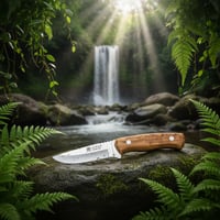 Cuțit Bushcraft Joker Arrui CO60 cu lamă de 10 cm, mâner din lemn de măslin și teacă din piele maro, pentru pescuit, vânătoare și camping 4