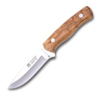Cuțit Bushcraft Joker Arrui CO60 cu lamă de 10 cm, mâner din lemn de măslin și teacă din piele maro, pentru pescuit, vânătoare și camping 8