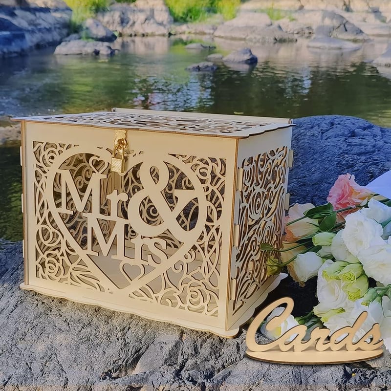 Jolik Vintage Esküvői Ajándékdoboz Fa Pénzgyűjtő Zárral Mr & Mrs Sárga