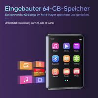 MP3 prehrávač joliker 64 GB, Bluetooth 5.3, HiFi zvuk bez straty kvality, 2,4-palcový farebný displej, FM rádio, HD reproduktor, e-kniha, diktafón, podpora TF kariet do 128 GB 3