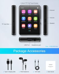 MP3 prehrávač Joliker 64 GB, Bluetooth 5.3, prenosný hudobný prehrávač s dotykovou obrazovkou, vstavaným reproduktorom, FM rádiom a diktafónom, čierny, 2,4 palca 7