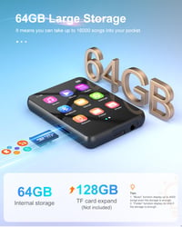 MP3 prehrávač Joliker 64 GB, Bluetooth 5.3, prenosný hudobný prehrávač s dotykovou obrazovkou, vstavaným reproduktorom, FM rádiom a diktafónom, čierny, 2,4 palca 2
