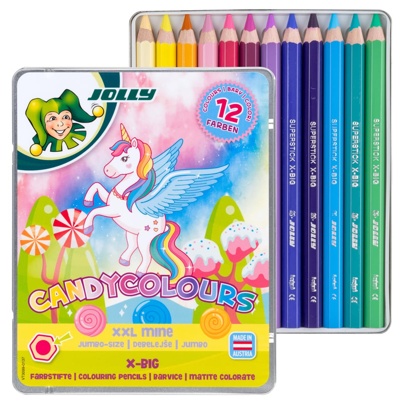 Sada hrubých, nelámavých farebných ceruziek JOLLY X-BIG Candy Colours – 12 farieb, 6,4 mm tuha, pre začiatočníkov