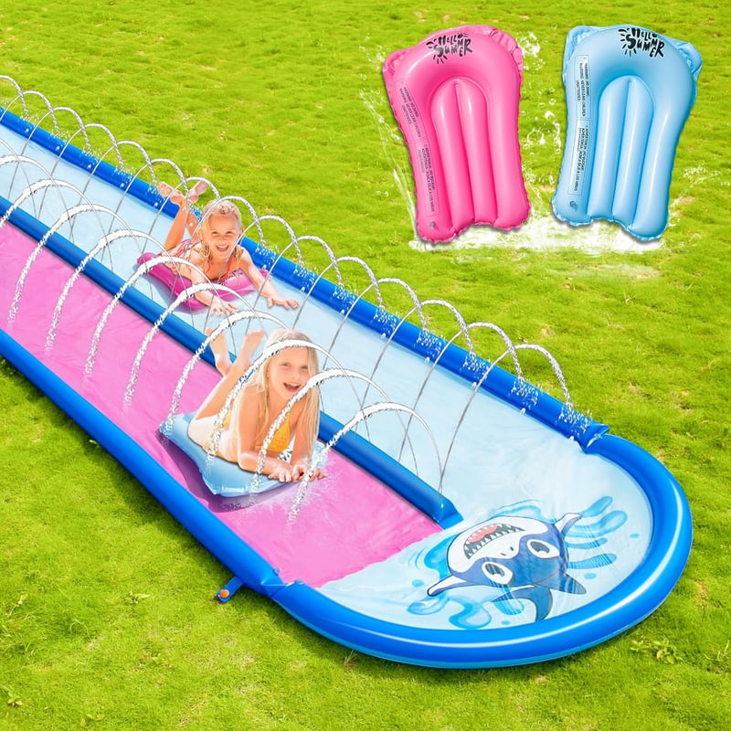 jooeer Dupla Vízcsúszda Felfújható Slip n Slide 6m Kerti Vízjáték Testdeszkával Locsolóval