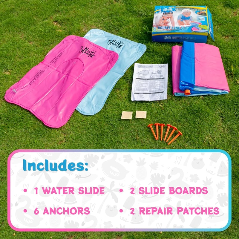 jooeer Dupla Vízcsúszda Felfújható Slip n Slide 6m Kerti Vízjáték Testdeszkával Locsolóval