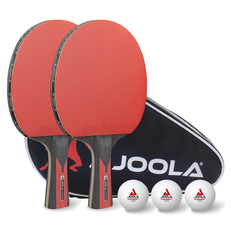 Set tenis de masă JOOLA Duo Carbon - 2 palete + 3 mingi + husă, roșu/negru, 6 piese