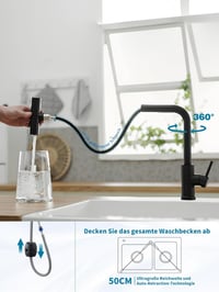 JOOM Fekete Vízesés Konyhai Csaptelep 360° Forgatható Zuhanyfejjel és 3 Sugárral 6