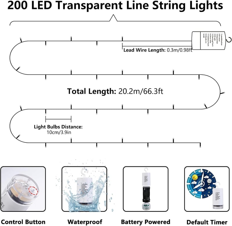 Joomer 20m 200 LED Karácsonyi Fényfüzér Színes Kültéri Vízálló Dekoráció Elemmel