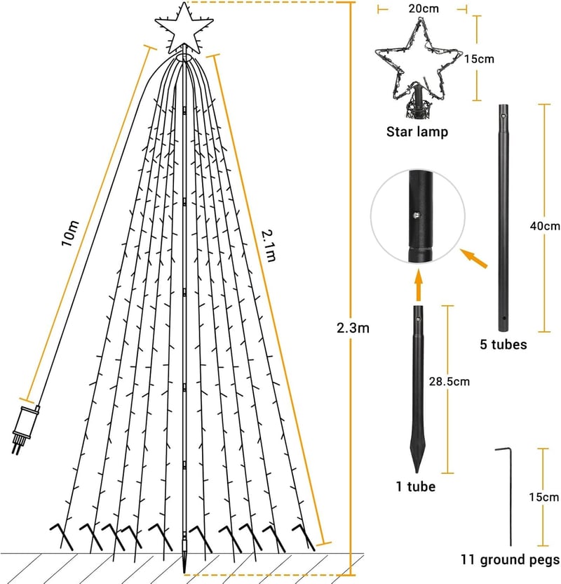 Joomer Karácsonyi Fényfüzér Csillaggal - 2,1m x 10 Ág, 450 LED, Meleg Fehér, Távirányítós, 8 Világítási Mód, Kültéri-Beltéri Dekoráció