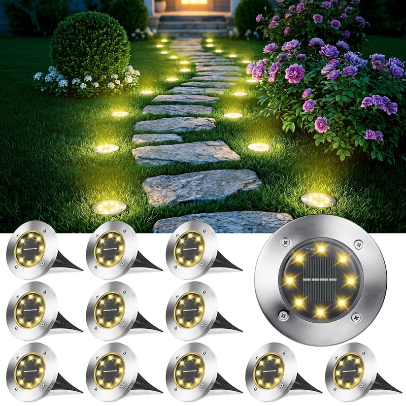Lămpi solare de exterior Joomer cu 8 LED-uri, set de 12 bucăți, lumină albă caldă 3000K, lampă solară de grădină