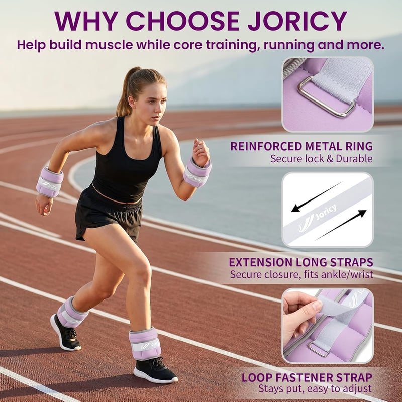 JORICY 5 kg-os állítható testsúly mandzsetta lábra és kézre, lila, 1 pár, bokarész és csuklórész edzéshez, futáshoz