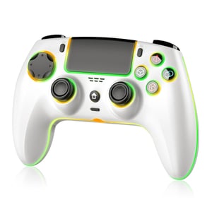 Controller Wireless JORREP pentru PS4/PS5 – Iluminare RGB, Vibrații Duble, Turbo, Senzor de Mișcare, Baterie 1500 mAh, Alb –