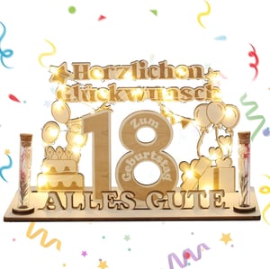 Carte de oaspeți din lemn Jostift pentru aniversarea de 18 ani cu lumini LED - Decorațiune pentru cadou în bani