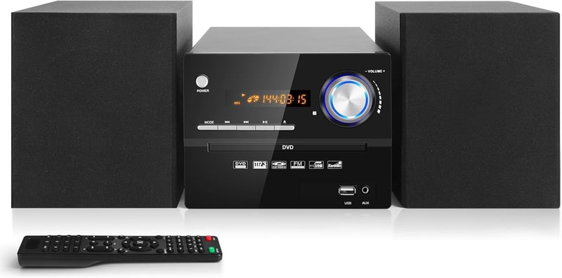 JOVELL kompakt hifi sztereó rendszer 3 részes hangfalakkal, CD DVD lejátszó, Bluetooth 30 W, FM rádió, USB AUX mikrofon RCA kimenet
