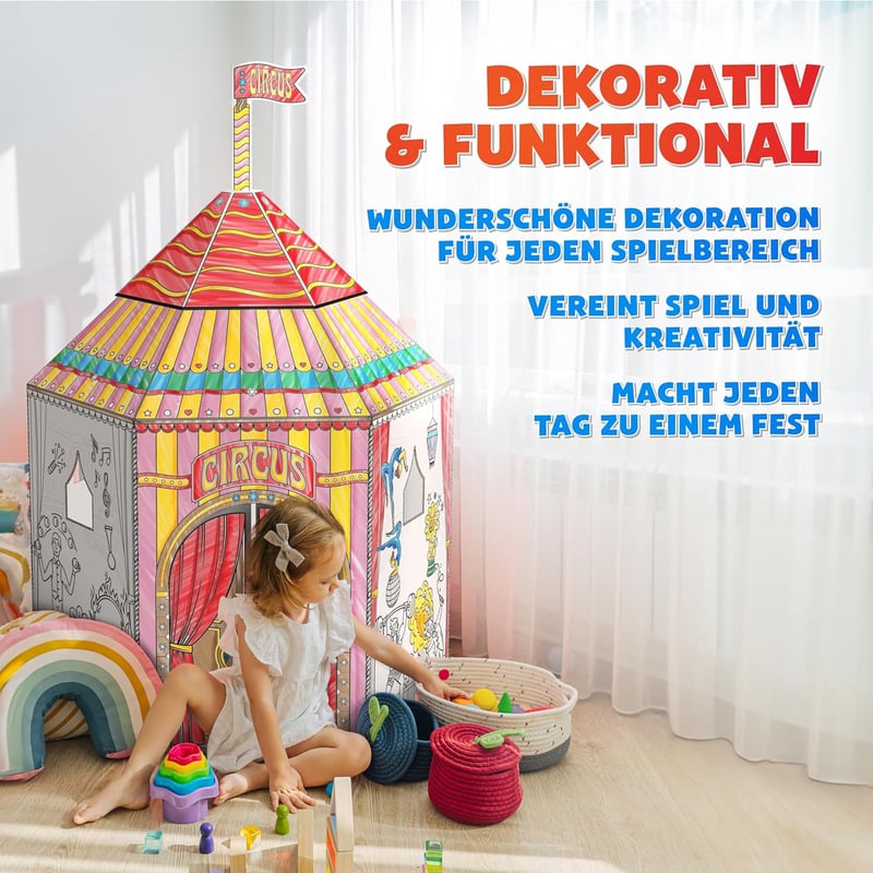 Joya Creative Cirkuszi Sátor Karton Játszóház Kifestéshez - Gyermek Kreatív Játéksátor 100x100x144 cm - Fejleszti a Képzelőerőt - Könnyen Ös