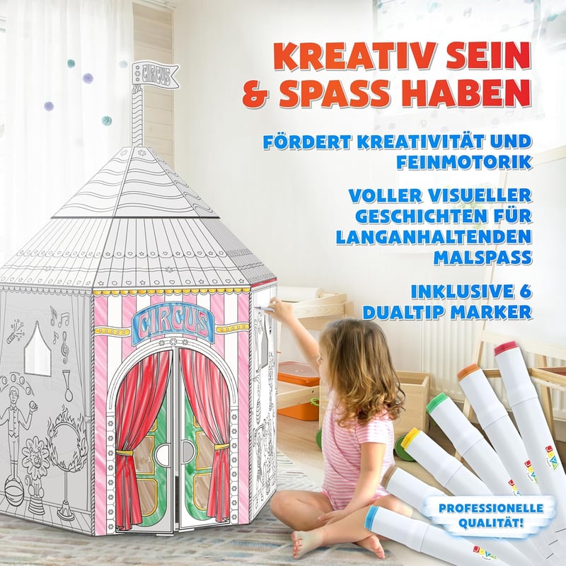 Joya Creative Cirkuszi Sátor Karton Játszóház Kifestéshez - Gyermek Kreatív Játéksátor 100x100x144 cm - Fejleszti a Képzelőerőt - Könnyen Ös
