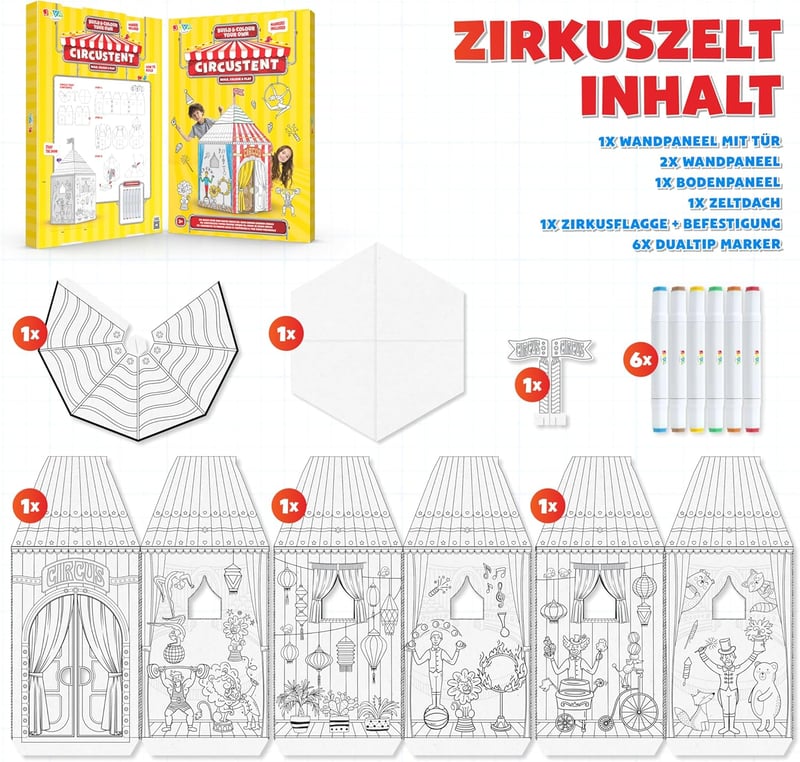 Joya Creative Cirkuszi Sátor Karton Játszóház Kifestéshez - Gyermek Kreatív Játéksátor 100x100x144 cm - Fejleszti a Képzelőerőt - Könnyen Ös
