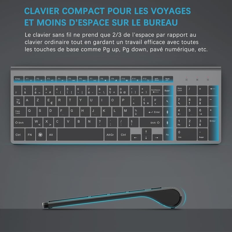 JOYACCESS 2.4GHz Vezeték nélküli AZERTY Billentyűzet Ergonomikus Szürke-Fekete - grey/black