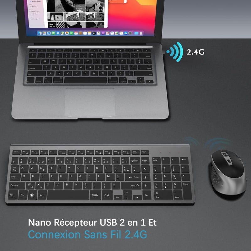 JOYACCESS 2.4GHz Vezeték nélküli AZERTY Billentyűzet Ergonomikus Szürke-Fekete - grey/black