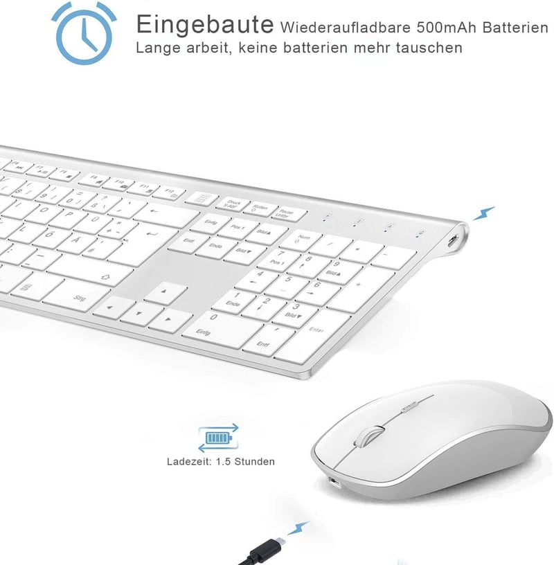 JOYACCESS Vezeték Nélküli Billentyűzet Egér Szett, 500 mAh Újratölthető Akkumulátor, 2.4G Ultravékony Numerikus Billentyűzet PC Laptop