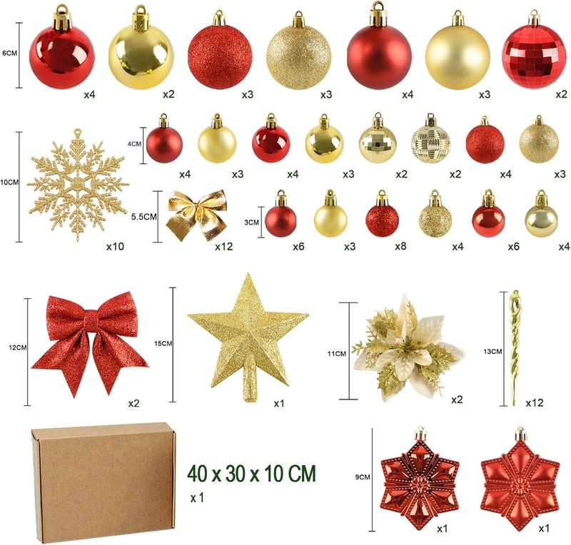 Joyblossom 120 db-os Karácsonyi Gömb Szett - Piros és Arany Műanyag Gömbdíszek Csillag Csúcsdísszel, Újrafelhasználható Karácsonyfadíszek Be