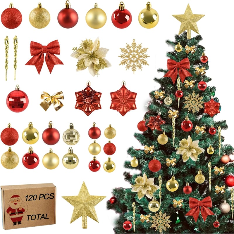 Joyblossom 120 db-os Karácsonyi Gömb Szett - Piros és Arany Műanyag Gömbdíszek Csillag Csúcsdísszel, Újrafelhasználható Karácsonyfadíszek Be