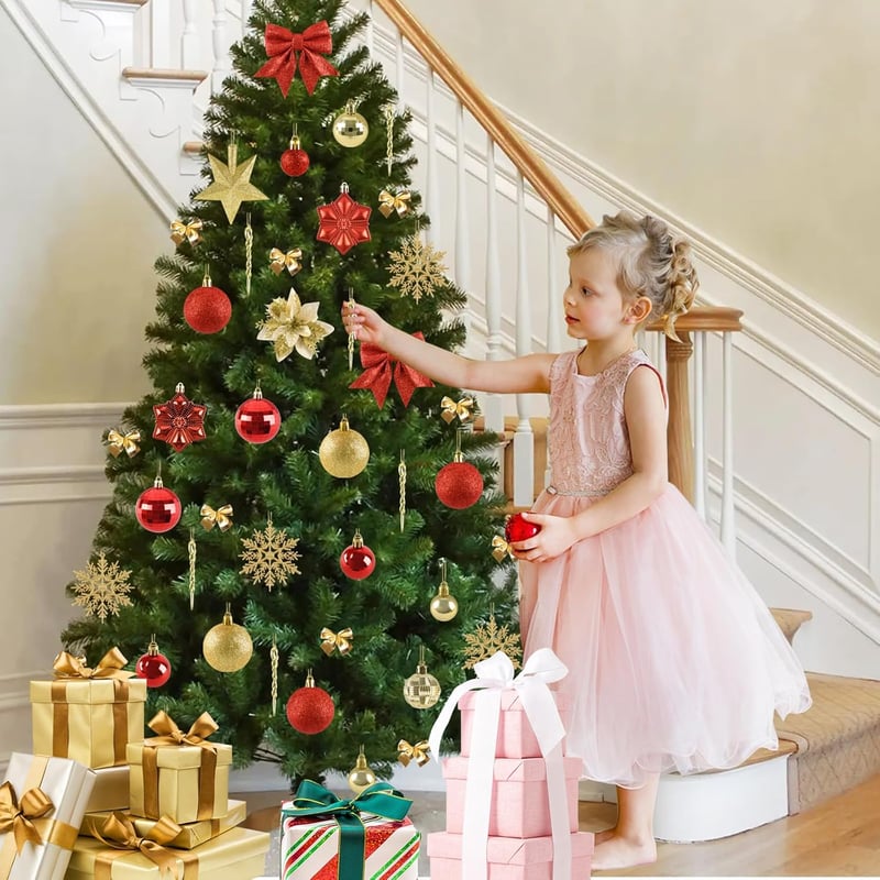 Joyblossom 120 db-os Karácsonyi Gömb Szett - Piros és Arany Műanyag Gömbdíszek Csillag Csúcsdísszel, Újrafelhasználható Karácsonyfadíszek Be