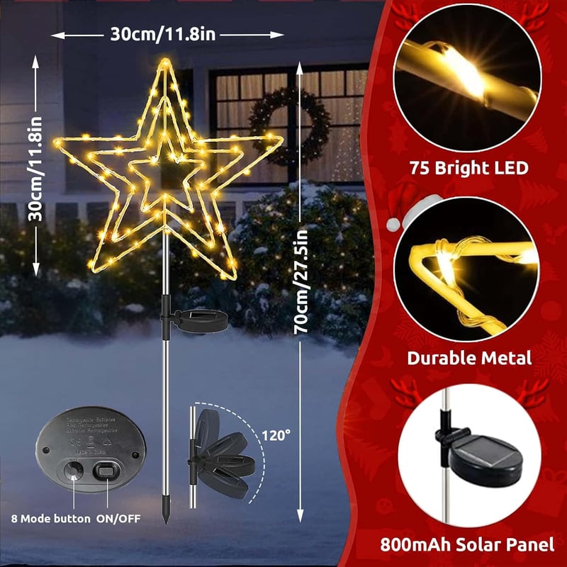 Joycome kültéri napelemes csillag kerti díszfény szett 2 db 75 LED-es 8 fényprogrammal időjárásálló kandeláber betéttel