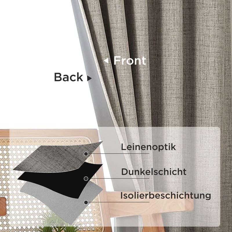 Joydeco 100% Blackout Linen Függöny Szett 2db 245x140cm Hőszigetelő Hangszigetelő