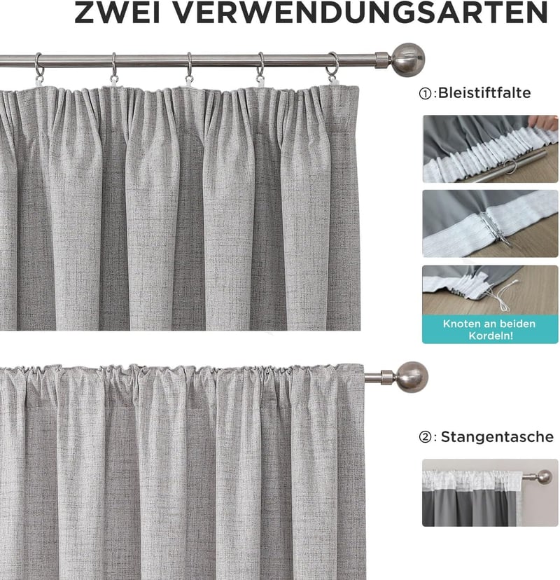 Joydeco 100% Fényzáró Függöny Szett, Szürke-Fehér, 137x117 cm, 2 db, Hőszigetelő, Hangszigetelő, Fodros Szalaggal, Nappali