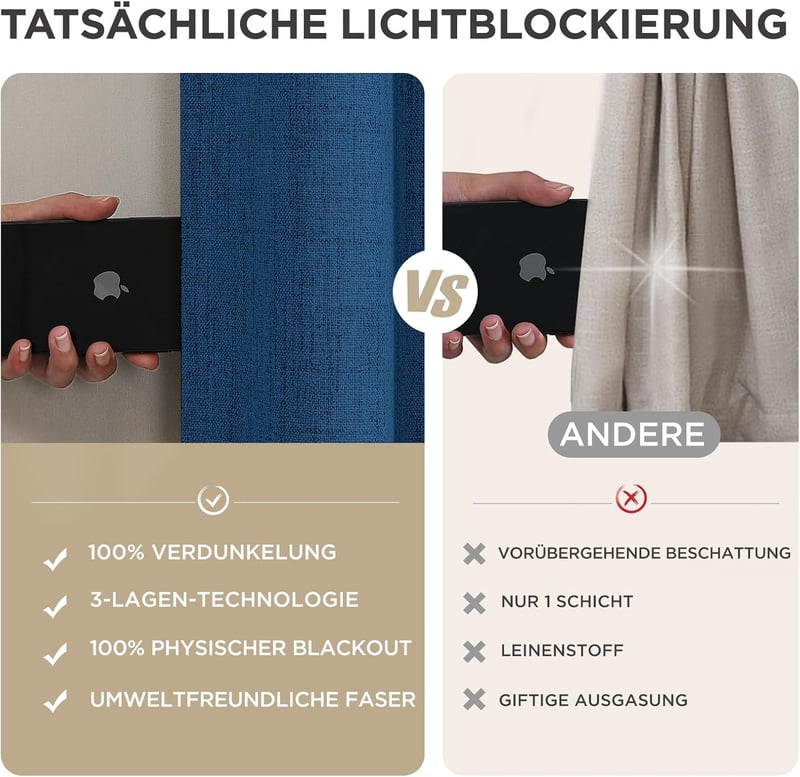 Joydeco 100% Opaque Függöny Hurokkal, Lenvászon Hatás, Sötétítő Hőálló Függöny