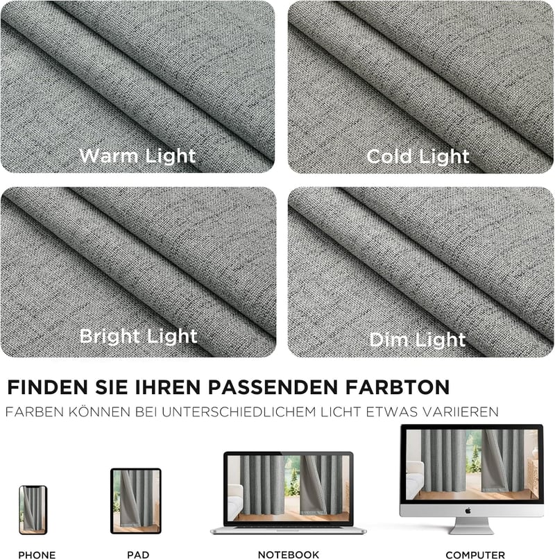 Joydeco 100% Opaque Függöny Hurokkal, Lenvászon Hatás, Sötétítő Hőtartó Függöny