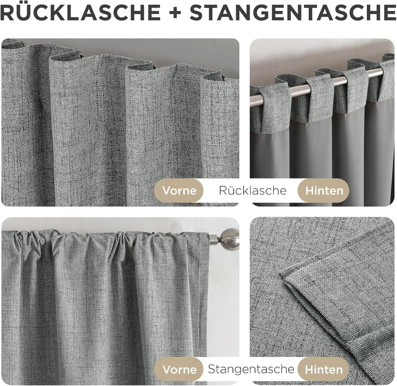 Joydeco 100% Opaque Függöny Hurokkal, Lenvászon Hatás, Sötétítő Hőtartó Függöny