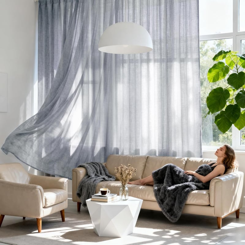 Perdele din in Joydeco Gri-Verde 245x132cm cu Inele, 2 buc, pentru Dormitor și Sufragerie