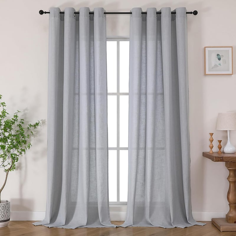 Perdele din in Joydeco Gri-Verde 245x132cm cu Inele, 2 buc, pentru Dormitor și Sufragerie
