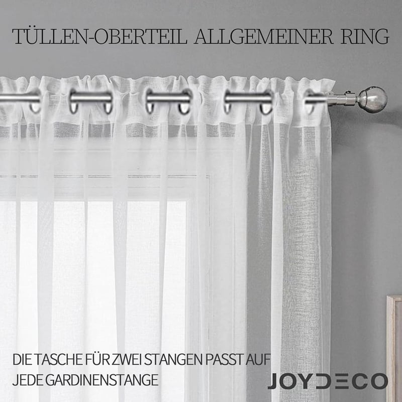 Joydeco Rövid Fényáteresztő Függöny Fülekkel - Fehér Voile Nappali és Hálószoba Függöny, Könnyű Anyagú, Félátlátszó, 2 db (137x140 cm)