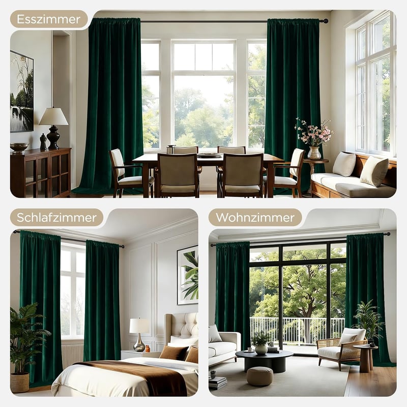 Joydeco sötétzöld bársony függöny 240x140 cm, 2 darab, hőszigetelő