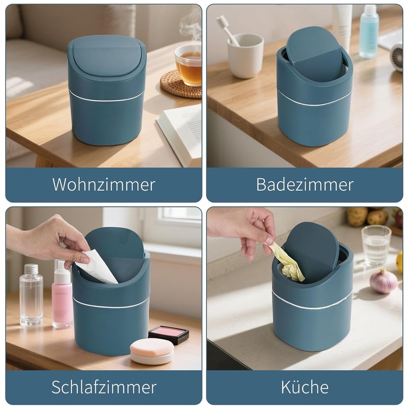 JOYFIER Mini Asztali Szemetes 2L Kék Fedeles Hulladékgyűjtő 180 Zsákkal