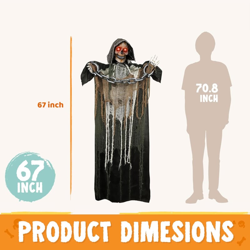 JOYIN 175 cm Halloween Animált Halálfejes Dekoráció Lánccal, Világító Szemű Csontváz Hangeffektekkel