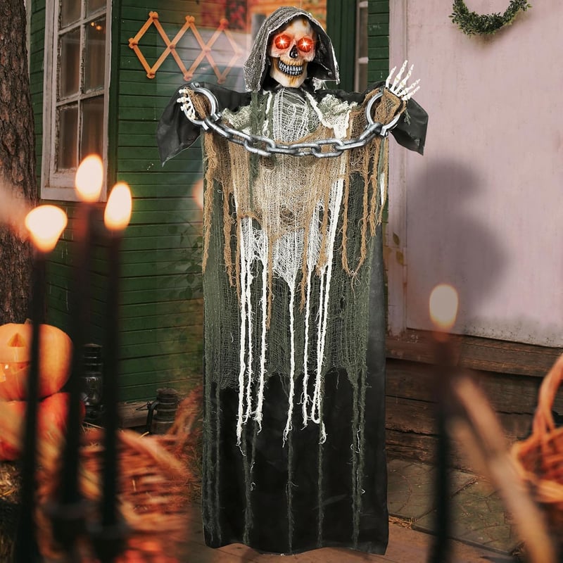JOYIN 175 cm Halloween Animált Halálfejes Dekoráció Lánccal, Világító Szemű Csontváz Hangeffektekkel