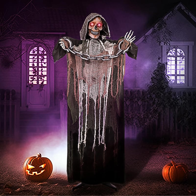 JOYIN 175 cm Halloween Animált Halálfejes Dekoráció Lánccal, Világító Szemű Csontváz Hangeffektekkel