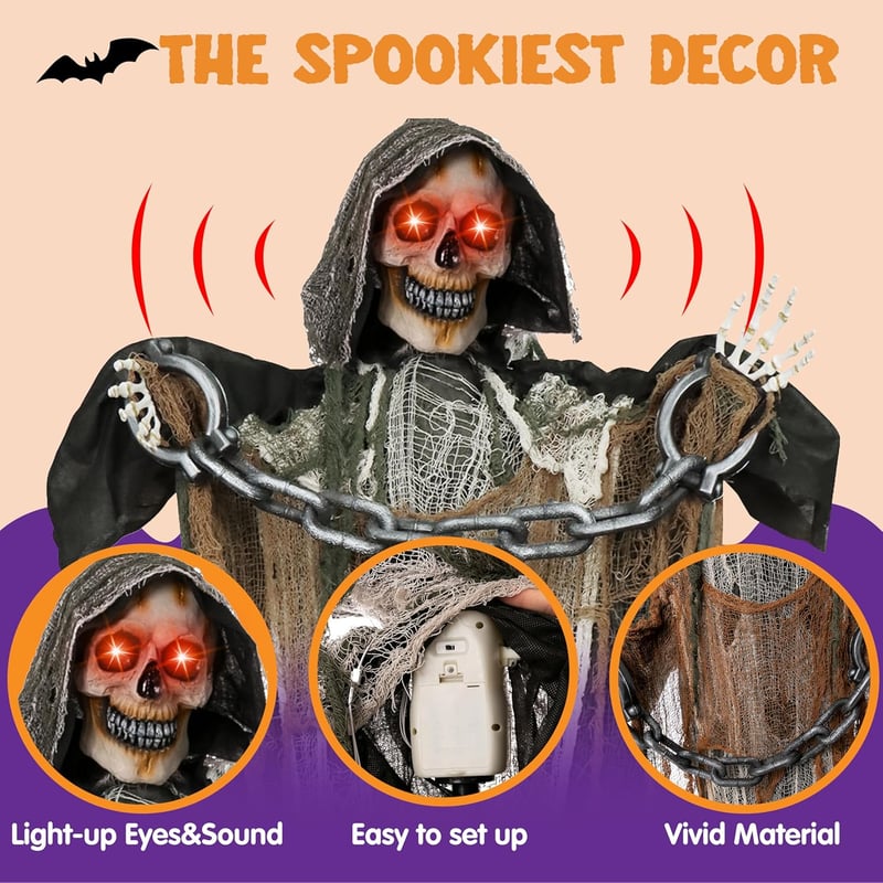 JOYIN 175 cm Halloween Animált Halálfejes Dekoráció Lánccal, Világító Szemű Csontváz Hangeffektekkel