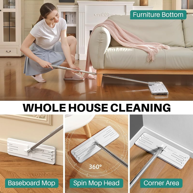 JOYMOOP Mop és vödör szett 5 mosható mikroszálas padlótörlő betéttel - 50" Mop + 5 Pads, White [Middle Bucket #13]