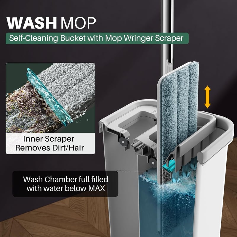 JOYMOOP Mop és vödör szett 5 mosható mikroszálas padlótörlő betéttel - 50" Mop + 5 Pads, White [Middle Bucket #13]